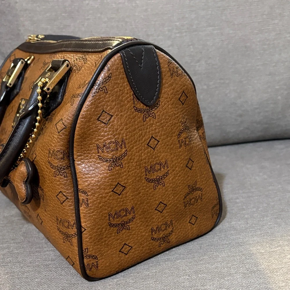 MCM Visetos Brown Boston Bag with Dog Bone Charm